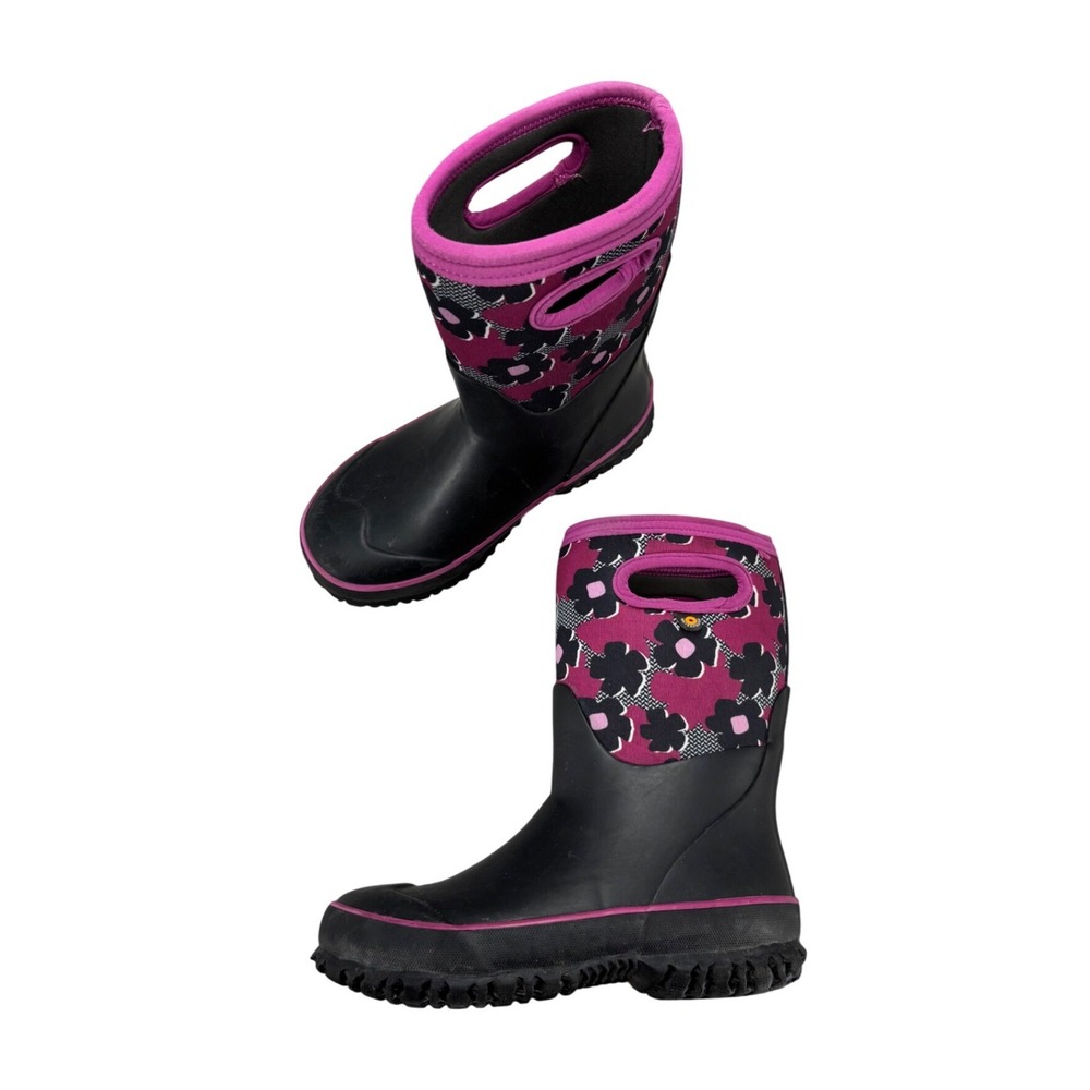 Bogs Grasp Rain Boots Black Pink Floral Waterproof Winter Boots Kids Youth Sz 2